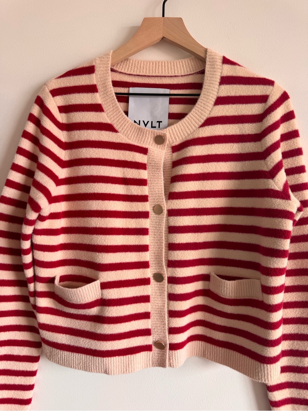 Anthropologie NVLT | Red Cream Striped Lady Jacket Cardigan Sweater ~ Medium - Picture 6 of 10